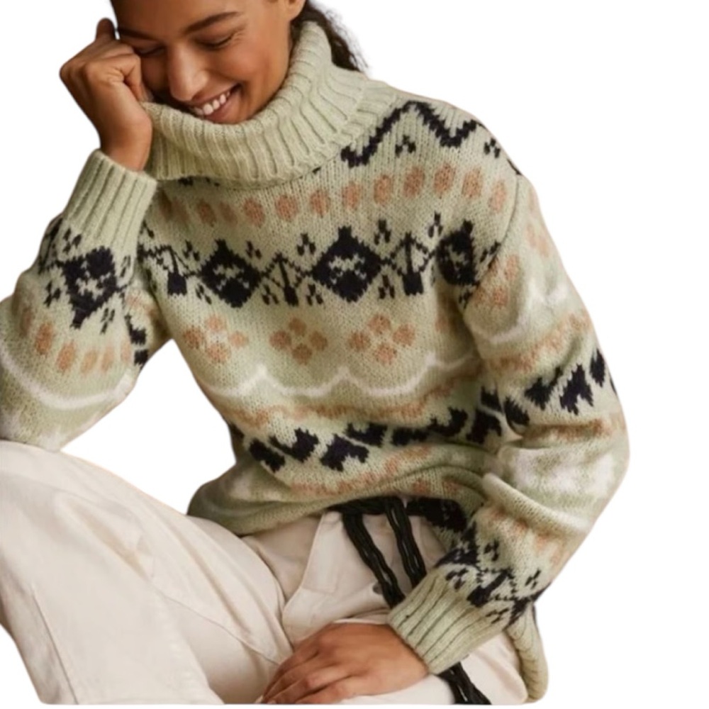 Anthropologie Women’s Green Fair Isle Turtleneck Sweater Size XS